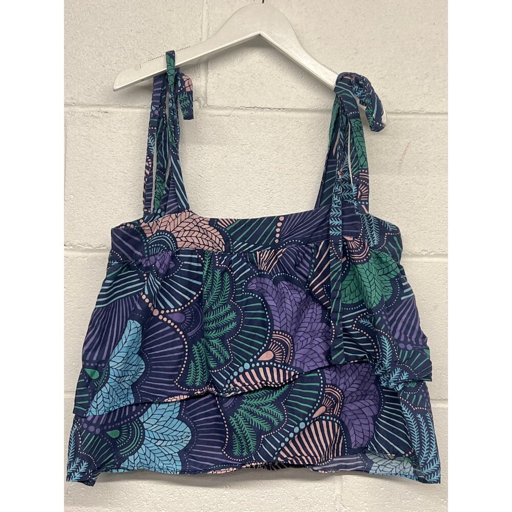 Warm  3/Large Purple Green Floral Tie Strap Square Neck Crop Woodstock Tank Top - Picture 5 of 8